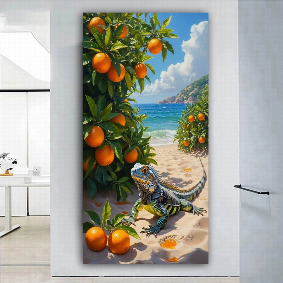 Fruit Roll Up - ชุดปักเพชร DIY ลายจิ้งจกสีส้มริมชายหาด ขนาดใหญ่ ภาพเพชรปักเต็มพื้นที่ โมเสกผลไม้