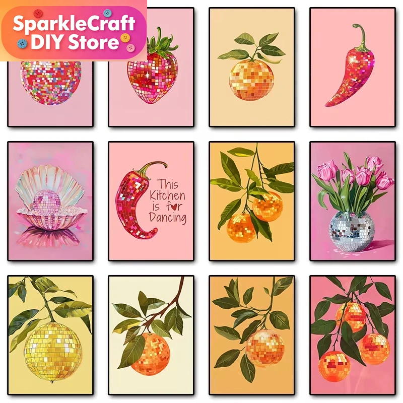 Fruit Roll Up - ภาพวาดเพชร 5 มิติ ลายผลไม้สไตล์เรโทรสุดฮิต ลูกบอลดิสโก้สีส้ม งานปักครอสติช